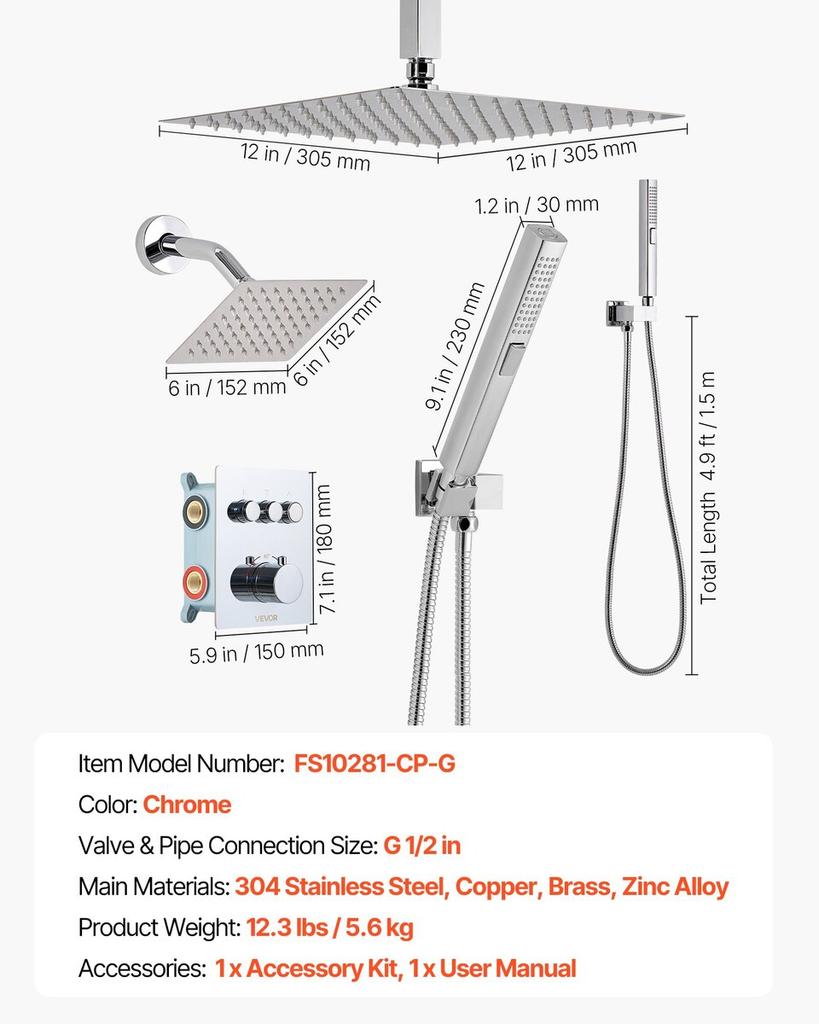Shower Faucet Set, 305 mm Thermostatic Ceiling Mount Rainfall Shower System with 152 mm Wall Mount Head and 2 in 1 Handheld Spray, 3-Function Dual