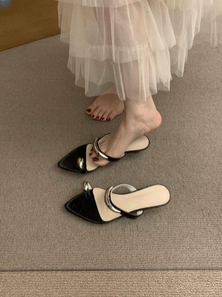 Leopard Print Toe Slippers Female Outer Wear Fairy Metal Buckle Fashion Slope Heel Pointed Toe Cover Cool Slippers