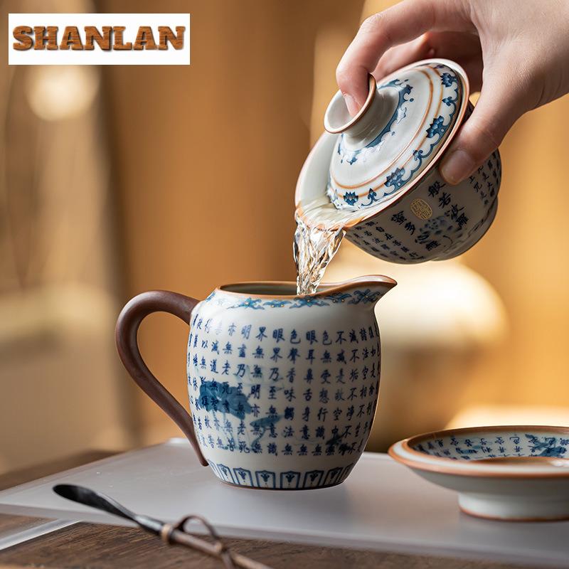 160ml Heart Sutra Ru Kiln Three-talent Gaiwan Japanese Tea Tureen Tea Bowl With Lid Kit Tea Maker Cover Bowl Tea Items Ornaments