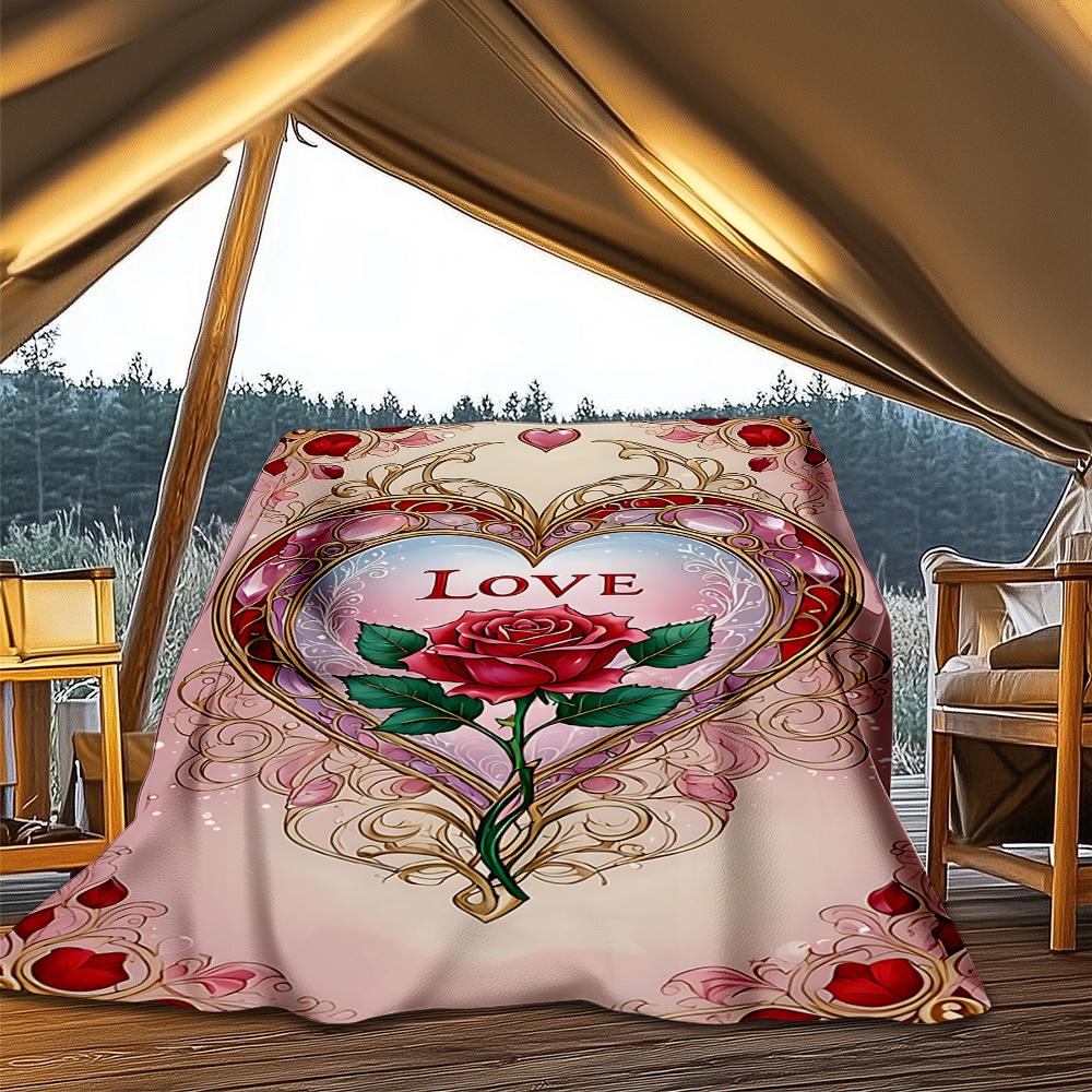 1pc Heart Love Rose Outdoor Flannel Blanket Soft All Season Polyester Throw , Perfect for Picnics & Travel , Picnic Accessory