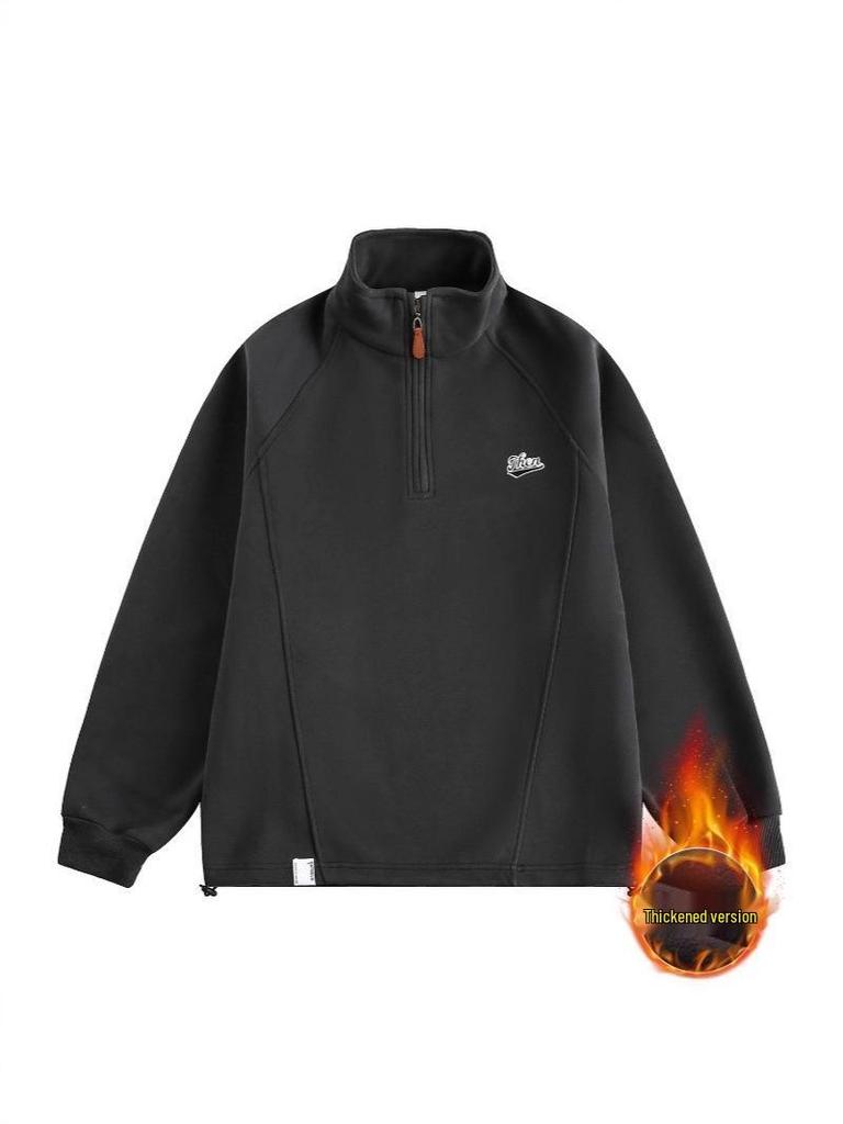 American Letter Half-Zip Stand-Up Collar Hoodie - Thick Winter Trendy Couple's Casual Jacket