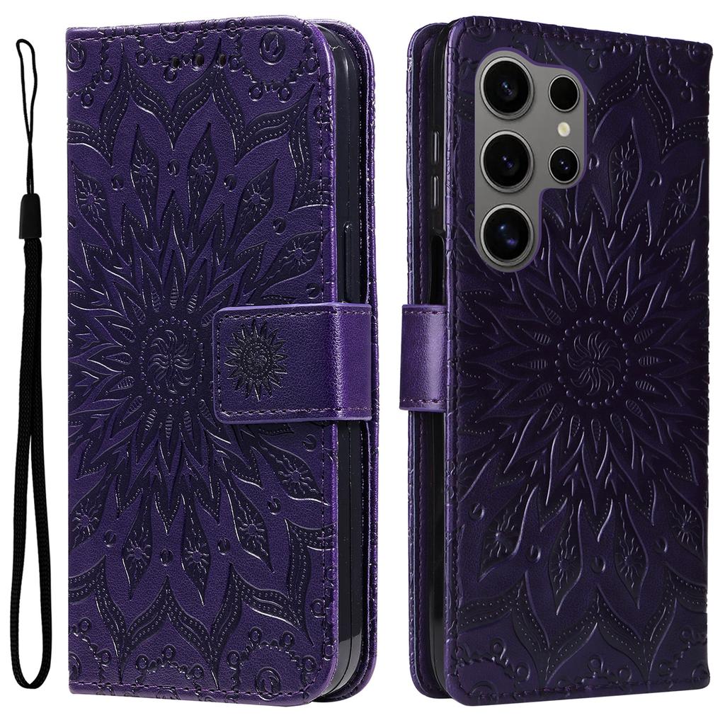 For Samsung Galaxy S25 Ultra Phone Case Sunflower Imprinted Leather Wallet Stand Cover with Strap
