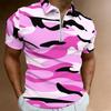 Women Short Sleeve Polo Shirt Pink White Black Camouflage Print Half Zip Lapel Top