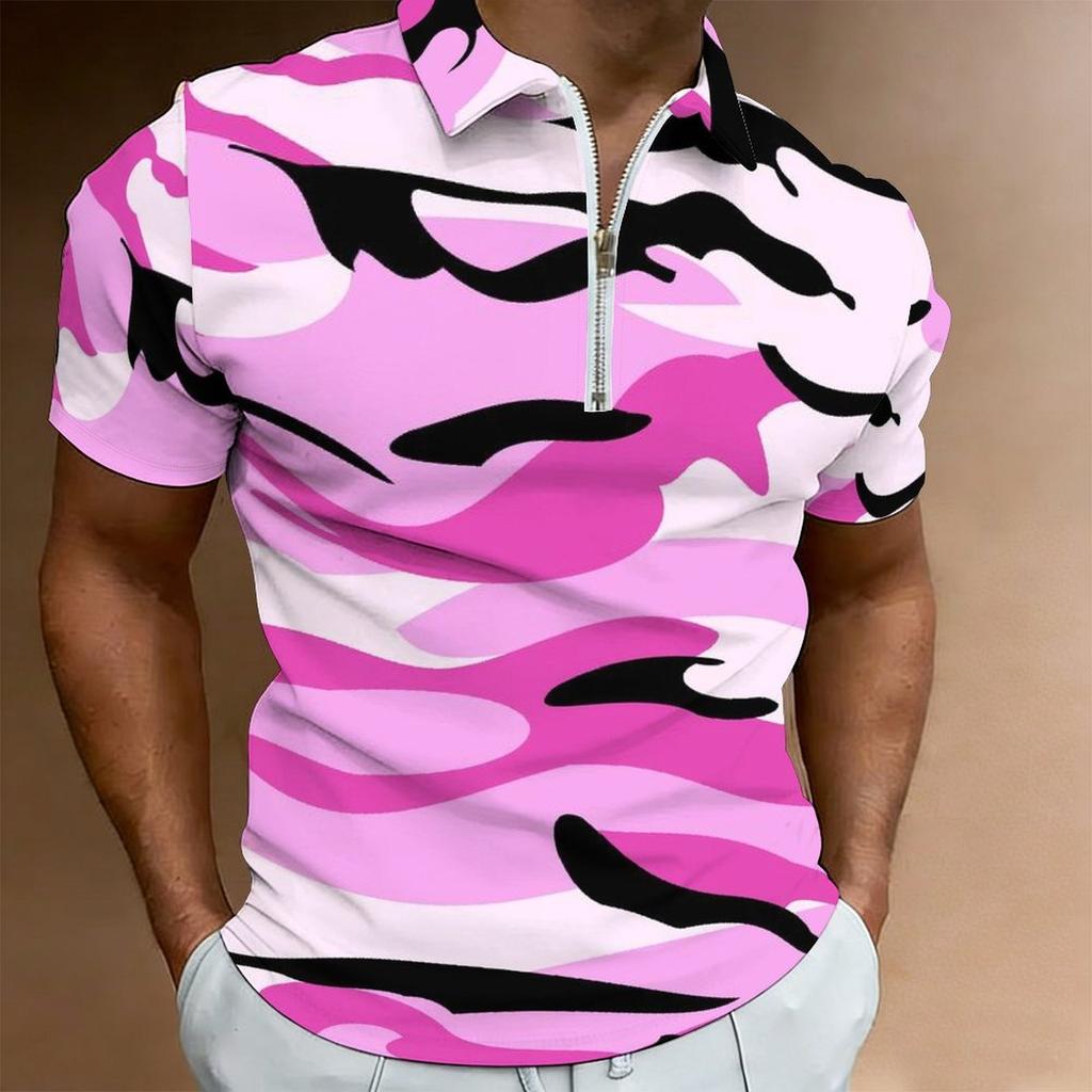 Women Short Sleeve Polo Shirt Pink White Black Camouflage Print Half Zip Lapel Top