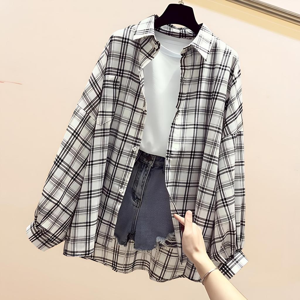 Spring Summer Fashion Women's Vintage Plaid Chiffon Blouse - Long Sleeve Loose Casual Shirt for Sun Protection & Daily Wear shirts