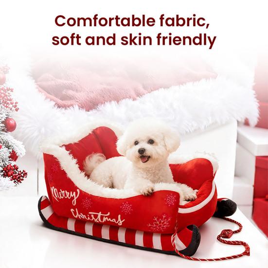 Weihnachtsschlitten Haustierbett Lustiges Flauschiges Weihnachtsmannschlitten Hundebett Abnehmbares Plüsch-Haustiersofa-Bett mit Rutschfester Unterseite für Katzen Hunde Feiertagsdeko