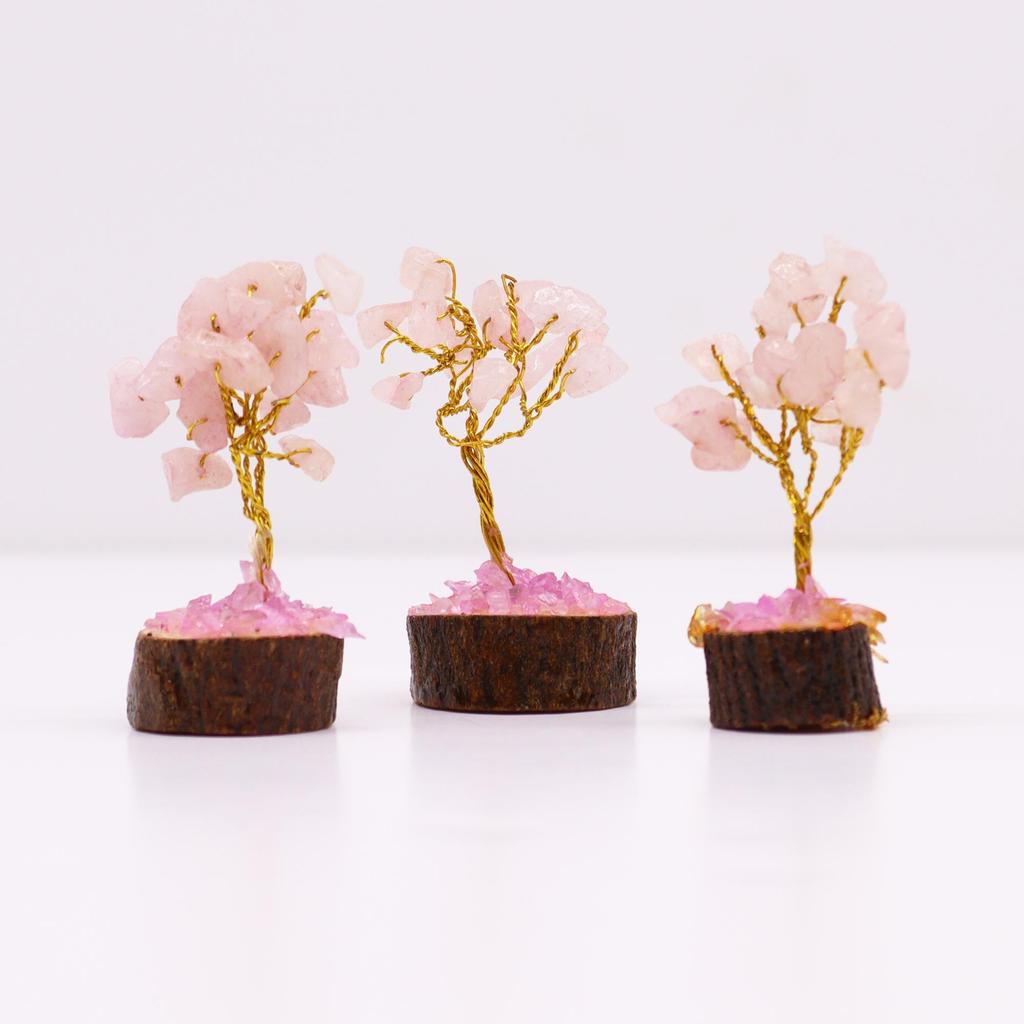 Rose Quartz Gemstone Tree Wood Base 15 Gemstones