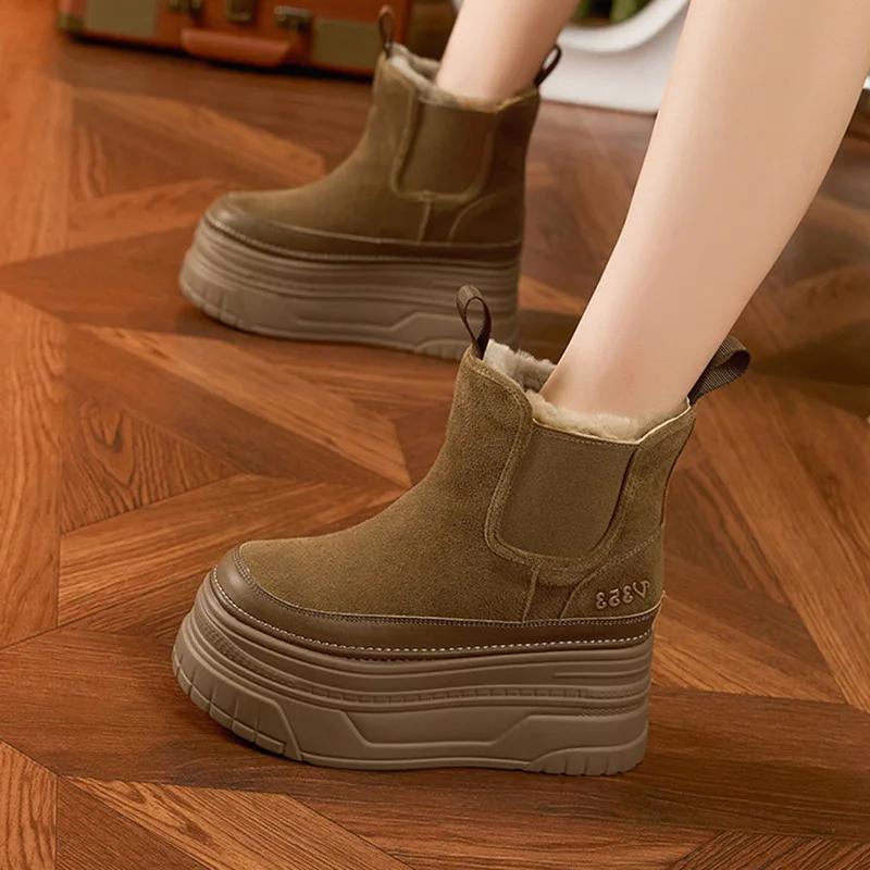 Fashion 9CM Suede Cow Genuine Leather Platform Wedge Winter Plush Women Boots Hidden Heels Warm Ankle Booties 2025 Spring Autumn Shoes
