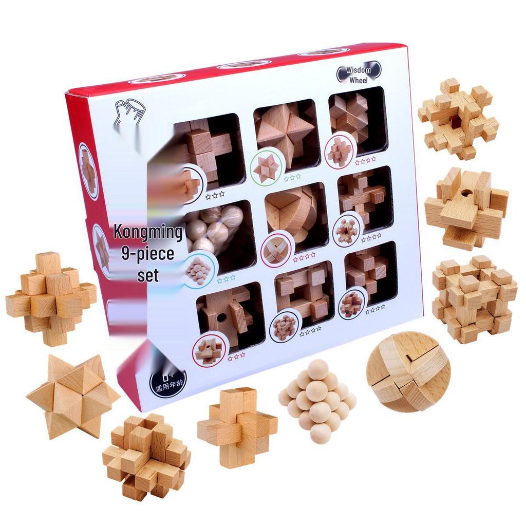 Wooden Kongming Lock 9-Piece Set: Educational Luban Puzzle Toys for Kids and Students