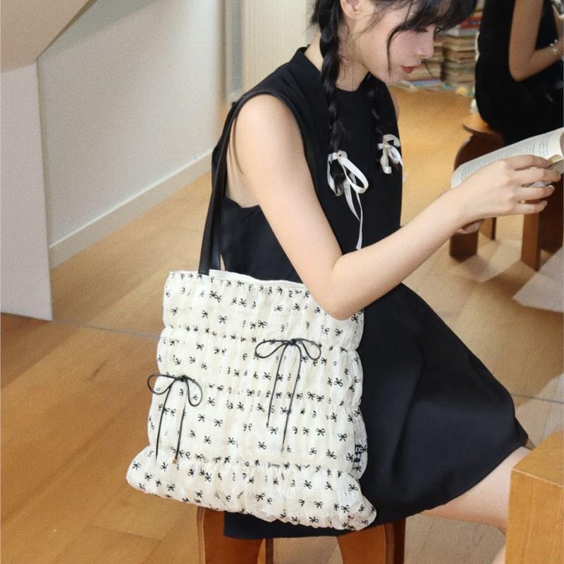 JIAERDI Beige Sweet Cute Bow Tote Bag Women Print Wrinkle Large Capacity Shoulder Bag Ladies Harajuku Y2k Aesthetic Underarm Bag