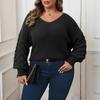 Large-sized Women's Sweater with Pineapple Sleeves and Deep V Patchwork, Casual Pullover Top