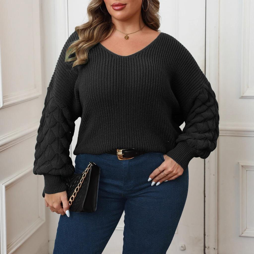 Large-sized Women's Sweater with Pineapple Sleeves and Deep V Patchwork, Casual Pullover Top