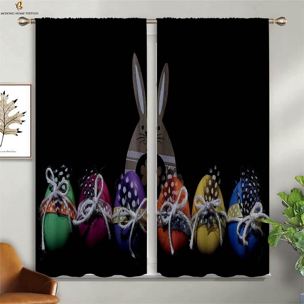 Set Of 2 Cute Cartoon Rabbit Colored Eggs Easter Print Curtain Bedroom Living Room Children Decorative Curtains Made Polyester Great Window Treatment