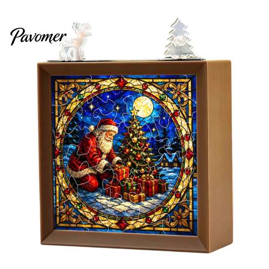 Decorative Room Lighting Christmas Acrylic Puzzle Night Light with Wooden Frame, DIY Stained Glass Style Creative Gift for Kids Jigsaw Lamp
