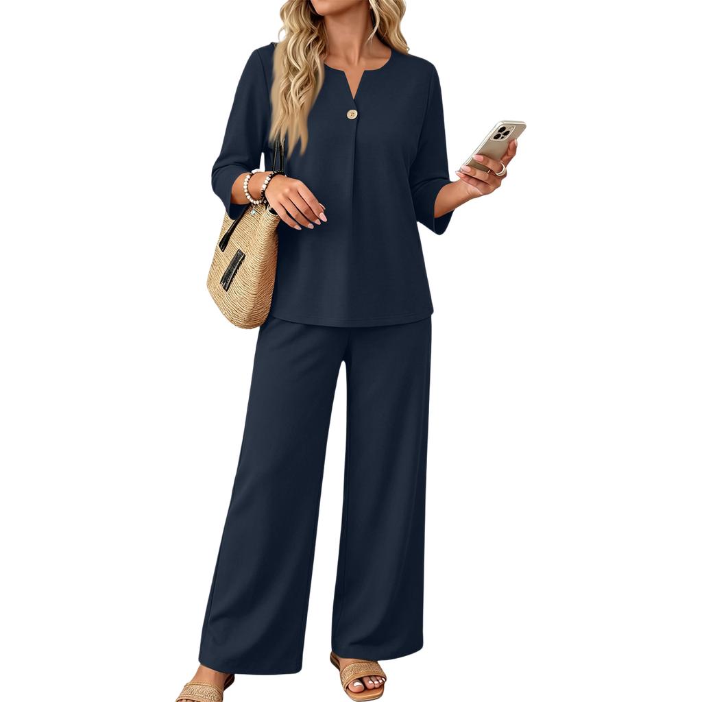Women’s Casual Two Piece Outfit Seven Sleeve Button Top and Wide Leg Pants Set for Everyday Comfort and Relaxed Style