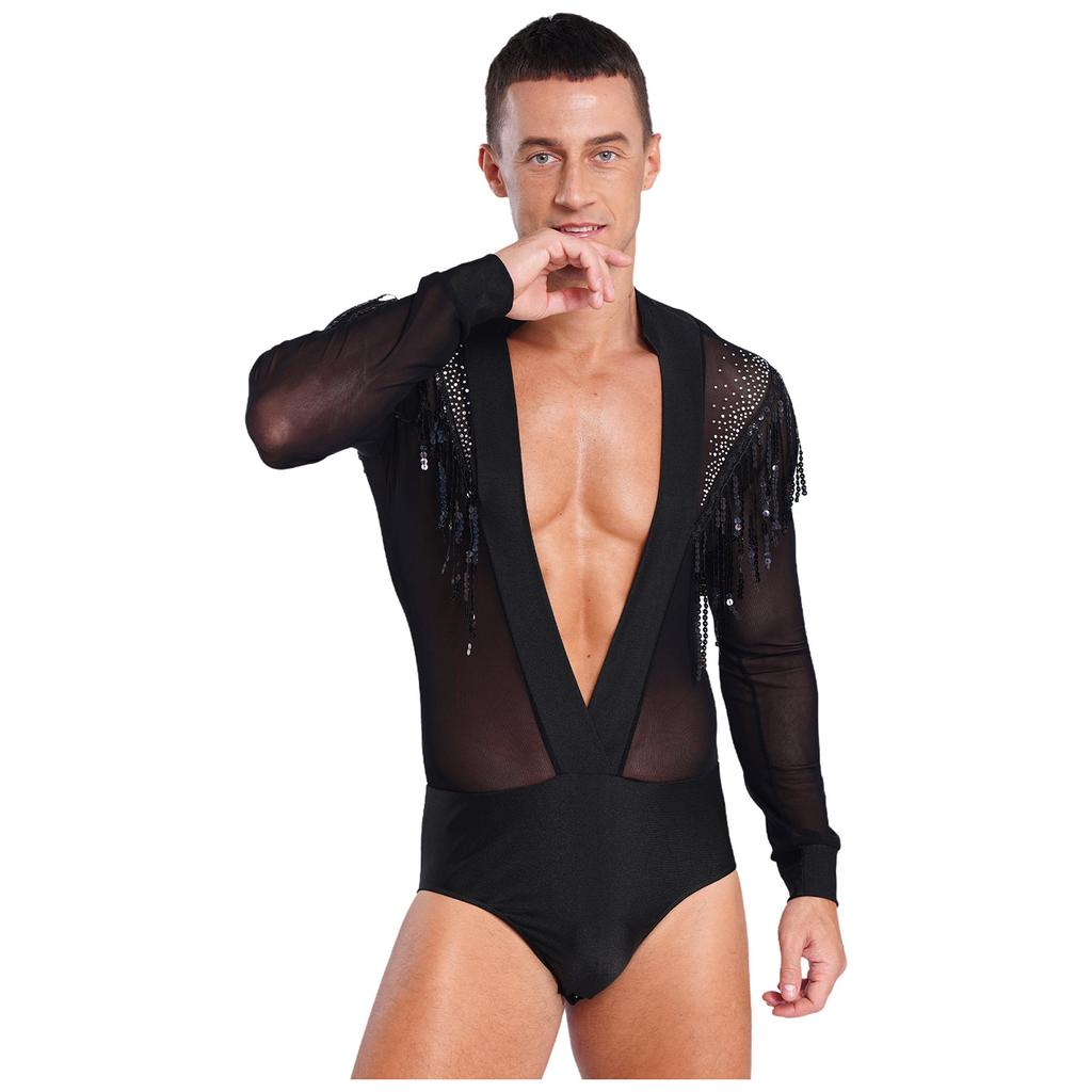 Mens Tassels Jazz Latin Dance Leotard Deep V-neck Sheer Mesh Patchwork Shiny Sequined Rhinestones Ballroom Shirts Bodysuit Rumba