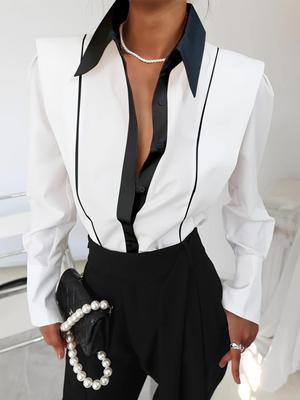 2025 Women's Patchwork Trim Color-block Shirt, Elegant British Style