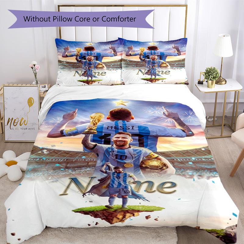 Messi World Cup Champion Personalized Name Bedding Set,Airy Bed Linen for Sports Room Decor,Perfect Teenager Gift,Double Sided Duvet Cover with Pillow