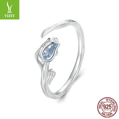 Blauer Tulpen Offener Ring Damen, Nische Premium Elegant Wind 925 Sterlingsilber Ring Schmuck