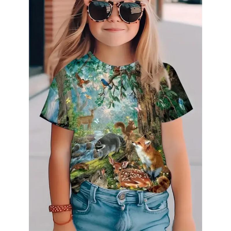 Summer Round Neck 3D Printed Top Fashionable Casual Short Sleeved Children's Girl T-shirts