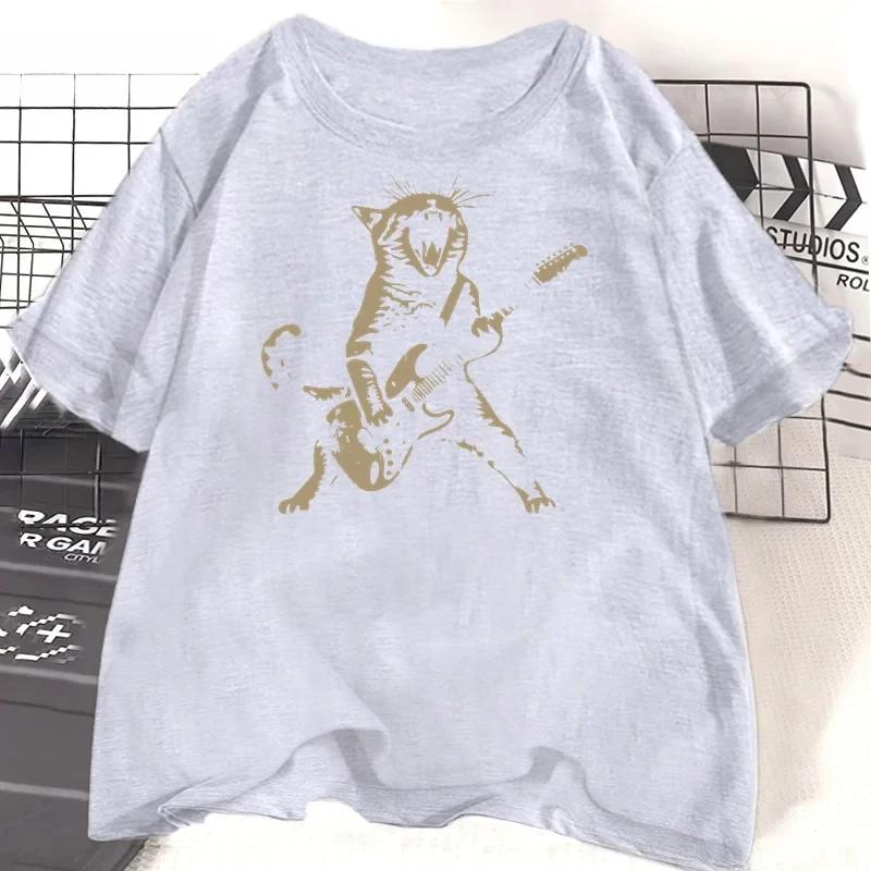 Rock Cat Playing Guitar T Shirt Women Funny Guitar Cat T-Shirt Casual Short Sleeve O Neck T-shirts Streetwear