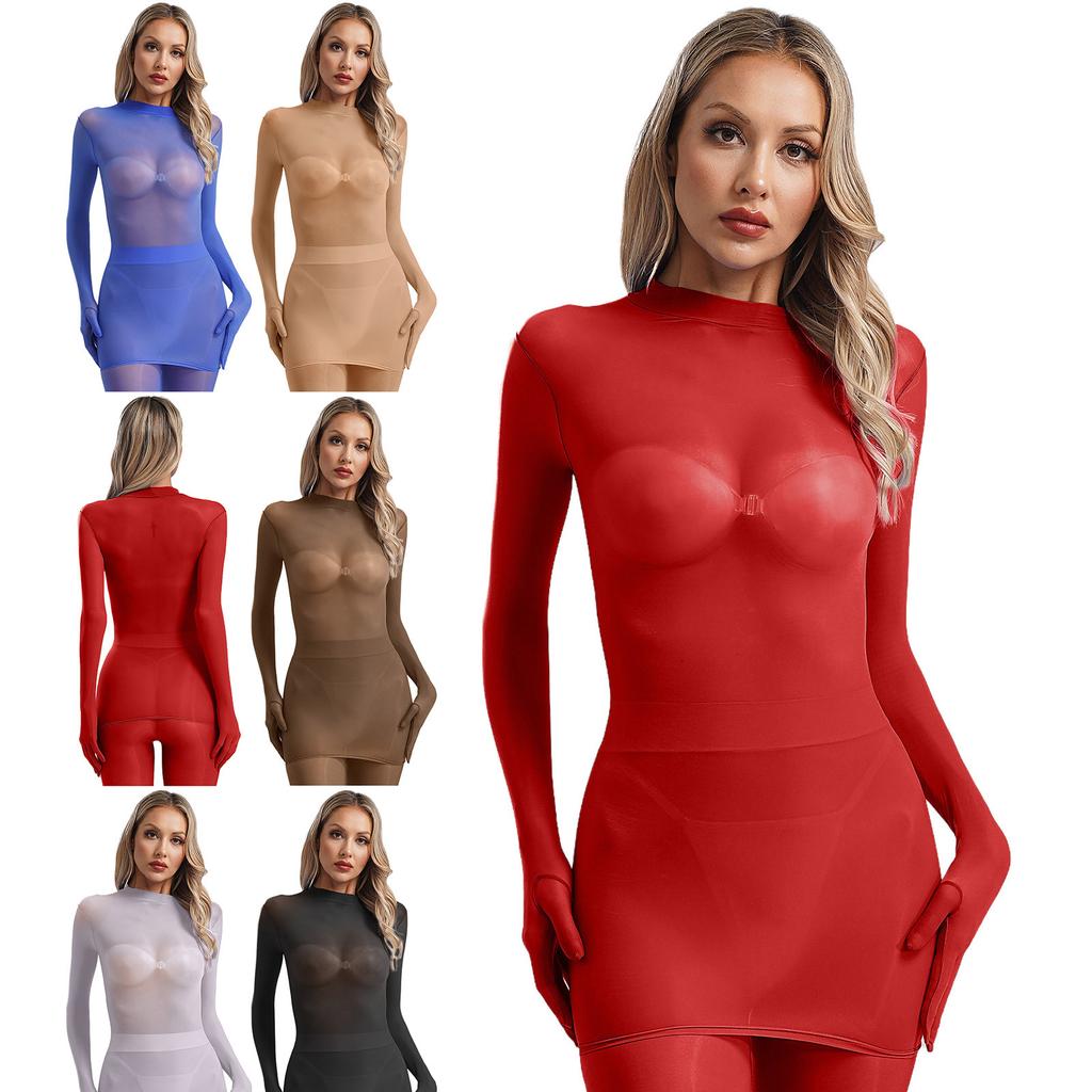 Womens Glossy Sheer Long Sleeve Top Slim Fit Stretchy Pullover Round Neck Nightclub Glamorous Clubwear