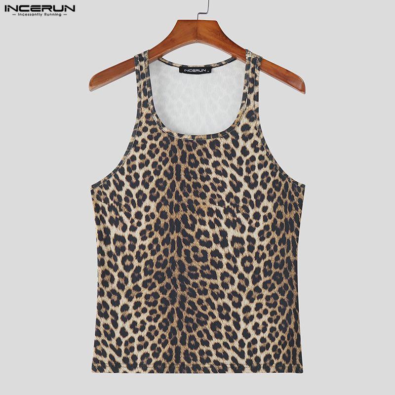 INCERUN Summer Men's Sleeveless Strap Leopard Fitted Tank Tops