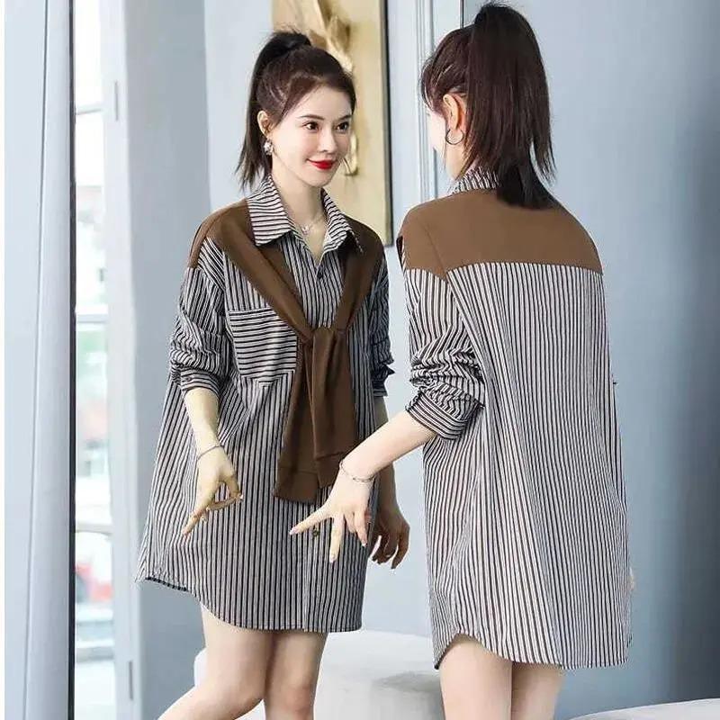 Autumn New Striped Shirt Design Niche Shawl Fake Two-piece Shirt Autumn Long-sleeved