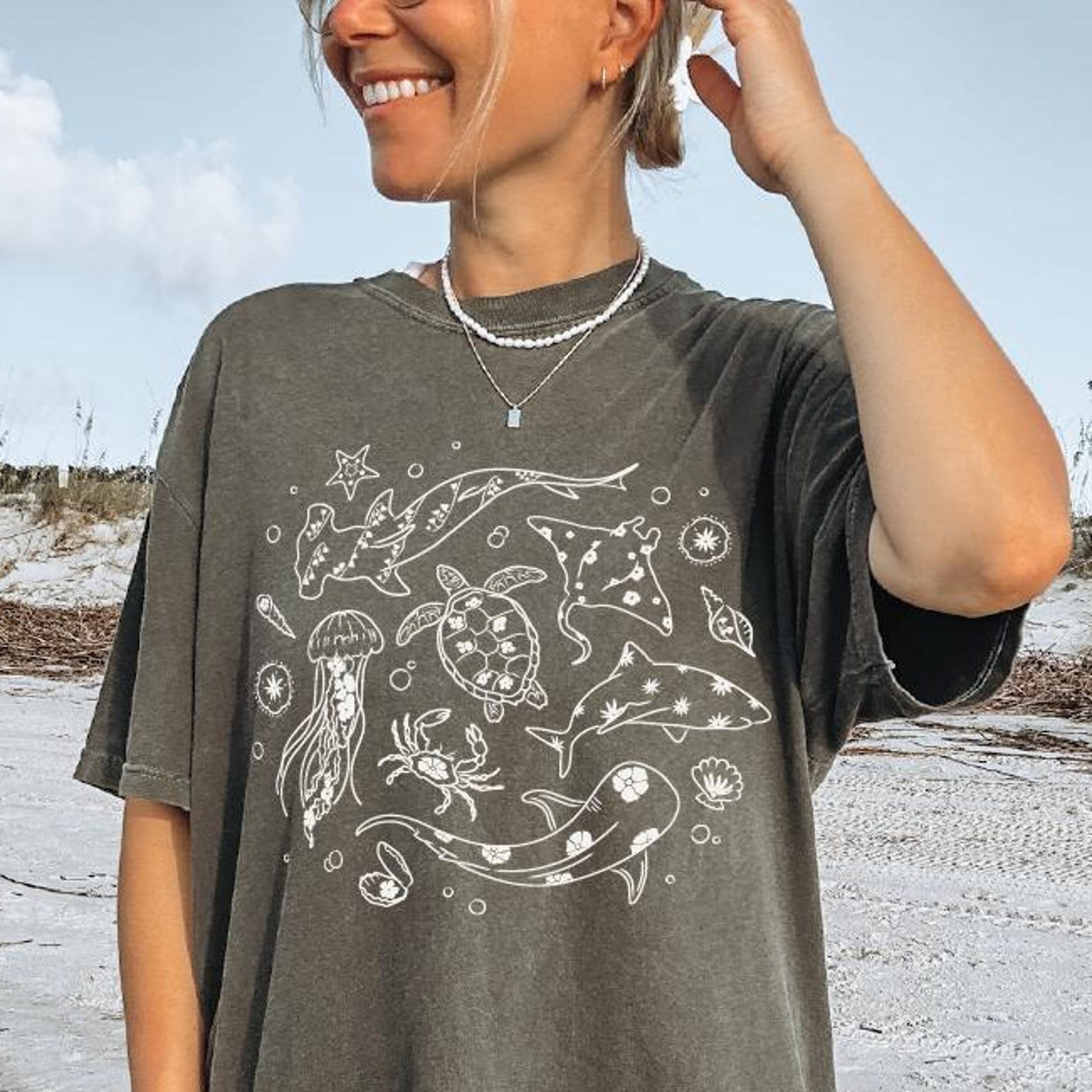 Sea Life With Floral Print, Save The Sharks, 100% Cotton Comfort Colors, Ocean Life Shirt, Ocean Life and Flowers Shirt, Ocean Floral Shirt 3XL
