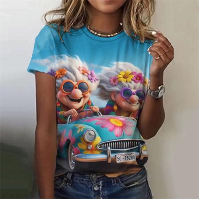Letné dámske tričko s okrúhlym výstrihom, 3D kreslený zábavný vzor babičky, módne, ležérne, s krátkym rukávom