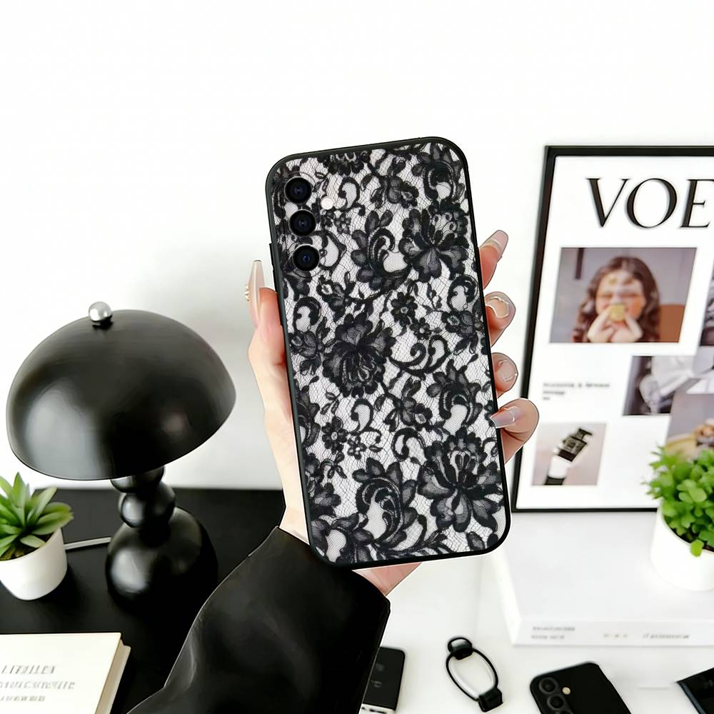 B-Black Lace Print Phone Case For Samsung Galaxy A73,A72,A71,A70,A53,A52,A51,Others Soft Black Cover