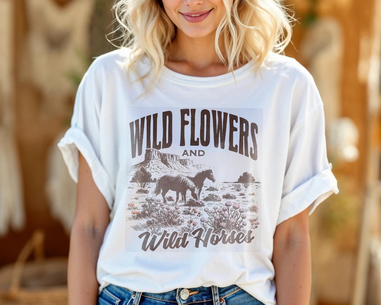 Wild Flowers and Wild Horses T-Shirt – Western Vintage Cowgirl Graphic Tee A360 M