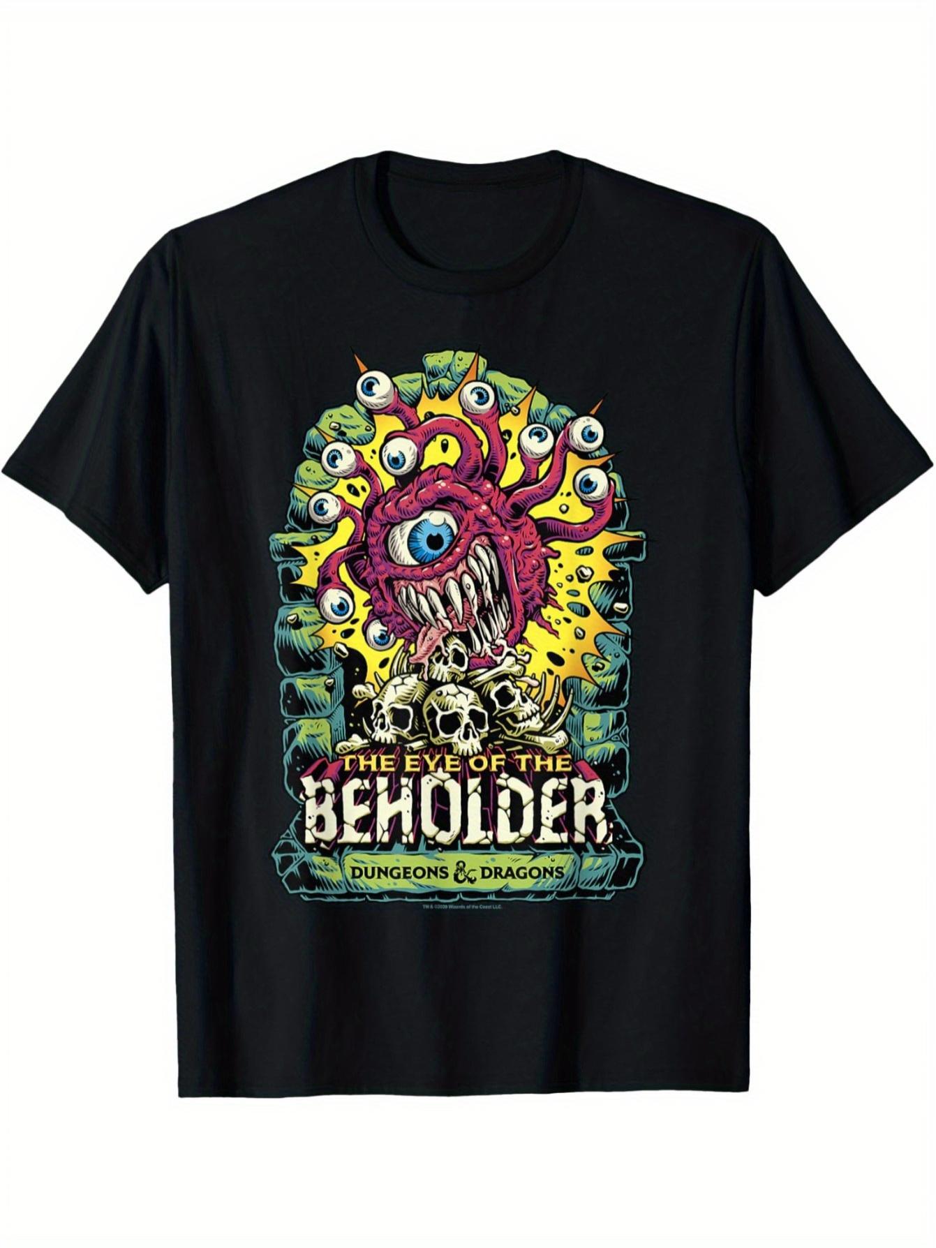 Mens Dragon and Dungeon Watchmans Eye Pattern Tshirt Black Cotton Short Sleeve Summer Four Seasons Casual Loose Style S
