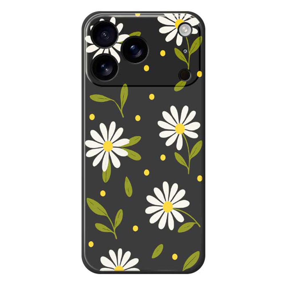 

For iPhone 17 Pro Max Case White Flowers Green Leaves Pattern Printing Straight Edge TPU Phone Back Cover Black