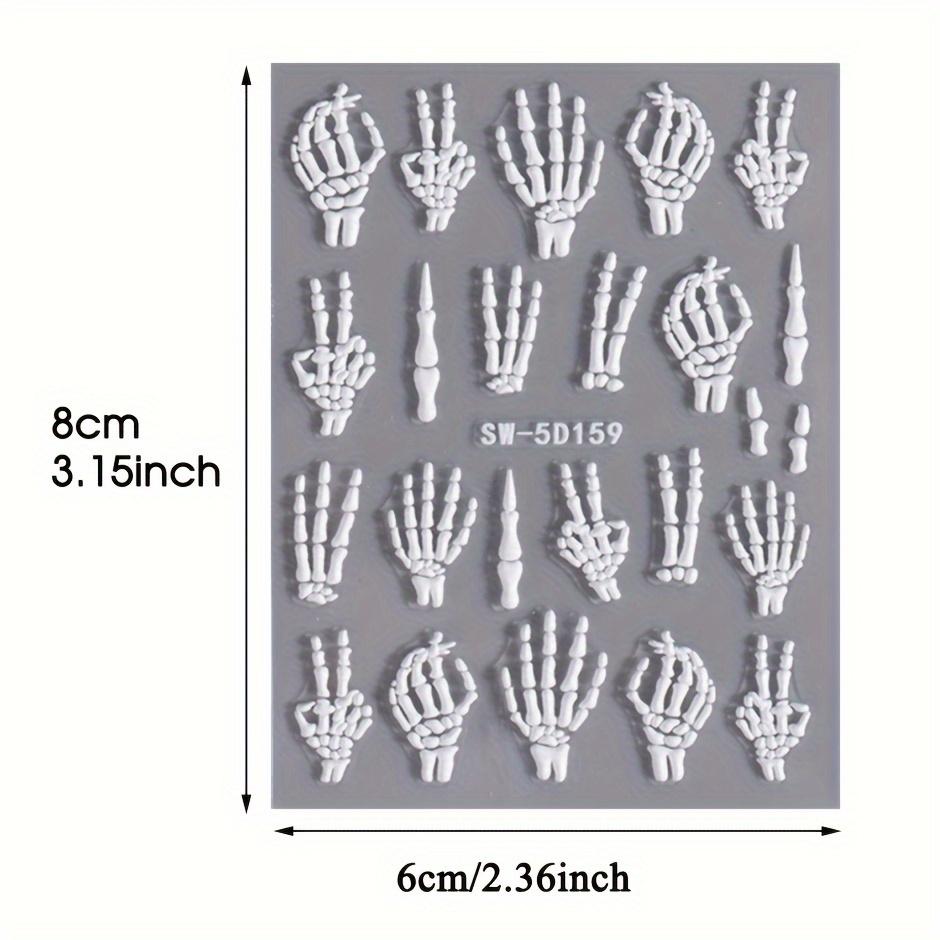 Halloween 5D Embossed Skull Hand Nail Art Stickers - Self-Adhesive, Sparkle Finish, DIY Manicure Decals for Festive Nail Designs