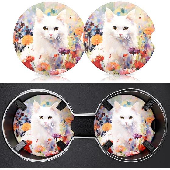 2 Pack Car Cup Holder Coasters, 2.63 Inch Anti Slip Ceramic Absorbent Coaster with Cork Base and Finger Notch, Cute Car Accessories Interior for