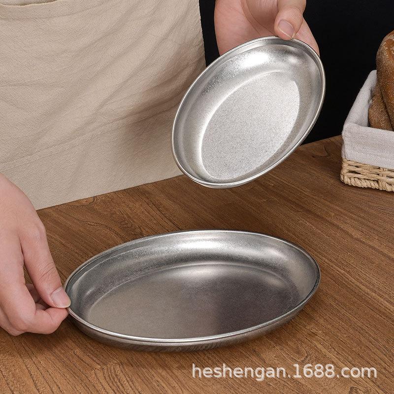 Retro stainless steel oval plate, denier plate, deepened egg plate, old industrial style barbecue  snack plate, vegetable