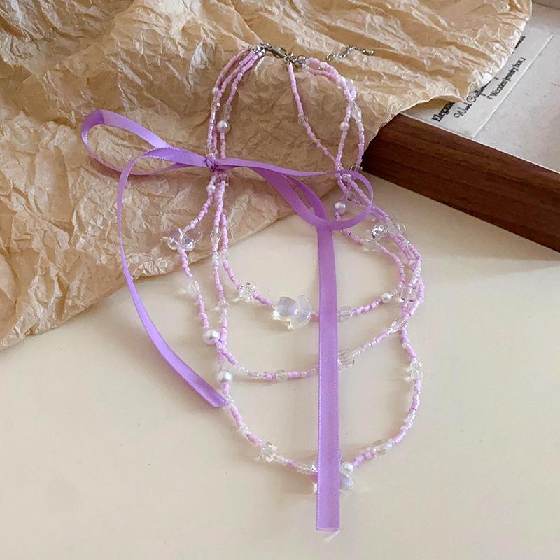 Bow Crystal Flower Pearl Rice Bead Necklace Accessories High-end Fashion Clavicle Chain Simple Necklace Women