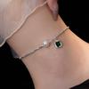 Banyan Tree S925 Silver Luxury Square Bead Anklet - High-End Women's Emerald Foot Jewelry