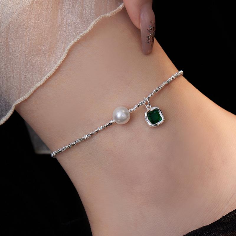 Banyan Tree S925 Silver Luxury Square Bead Anklet - High-End Women's Emerald Foot Jewelry