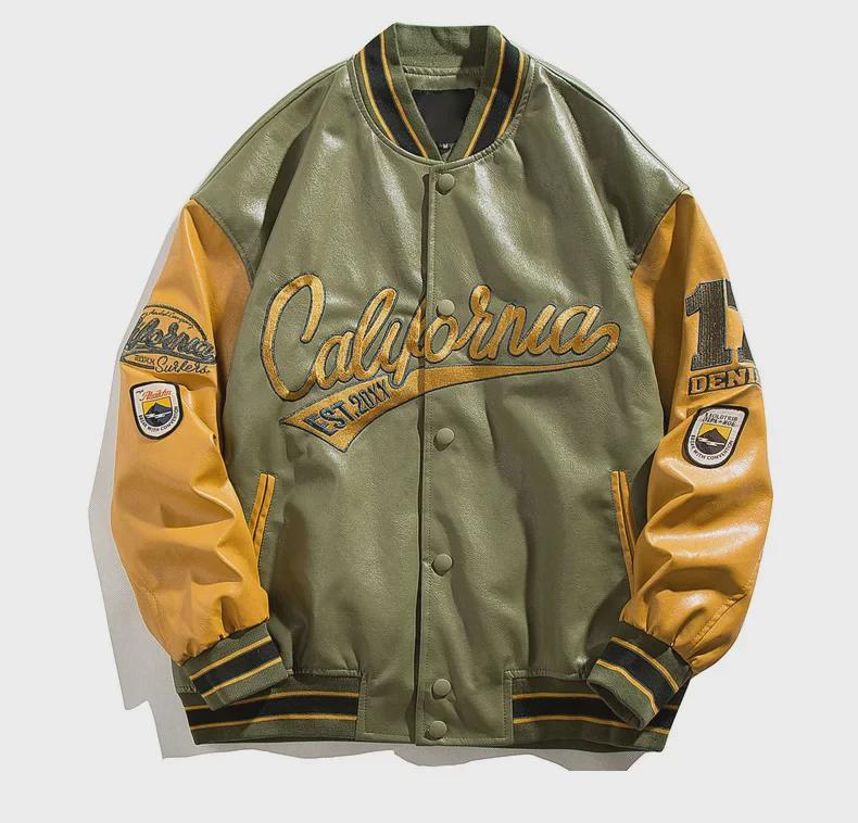 Men's Spring & Autumn Embroidered PU Leather Baseball Jacket