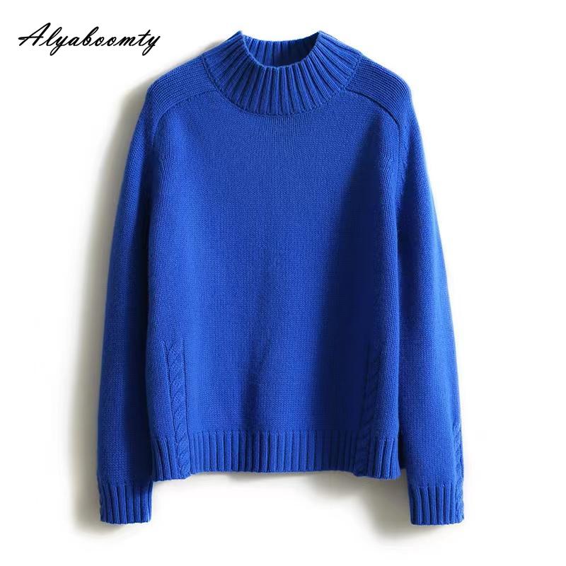 Korean Fashion Herbst Winter Frauen Casual Lose Pullover Halb Hohen Kragen Blau Beige Grün Gestrickte Pullover