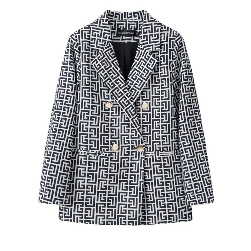 Blazer a Pied de Poule Blu e Bianco Stile Britannico da Donna con Bavero Elegante Cappotto Completo Nuova Collezione Outerwear per Performance