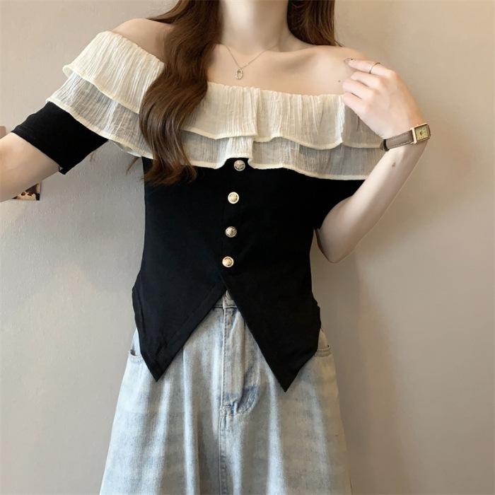 French One-word Shoulder Ruffle Design Short-sleeved Women's Summer Gentle Temperament Is Thin and Beautiful T-shirt Slim Top Ins
