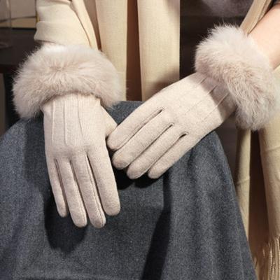 Gants en Fourrure de Lapin Femme Hiver Velours Épaissir Moufles Chaudes Cachemire Doigt Entier Broderie Laine Écran Tactile Gants de Conduite H65