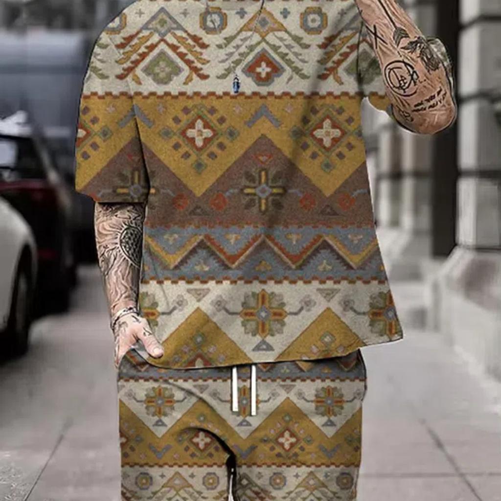 Summer Men's Short Sleeve Shorts Set Street Everyday Casual Men's T-Shirt Outdoor Fashion Loose Shorts Bohemian Print