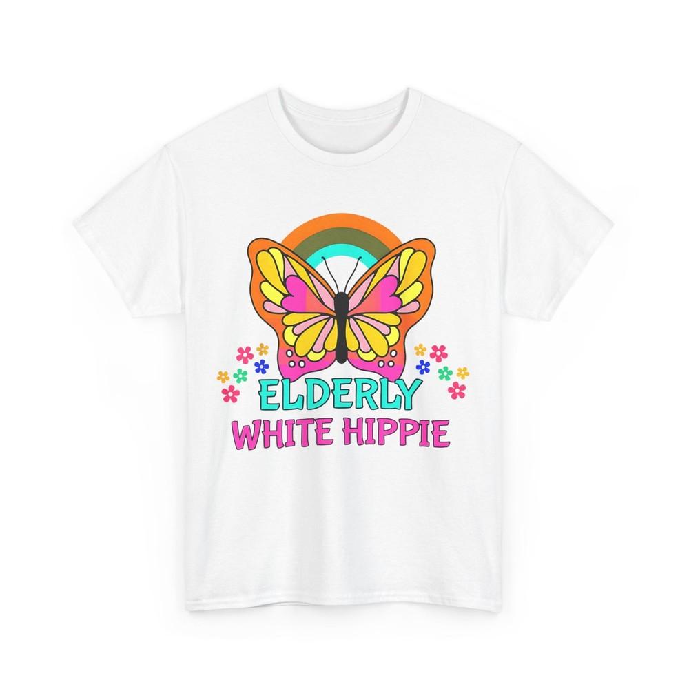 

Elderly White Hippie Retro Rainbow Flowers Butterfly T-Shirt 2XL