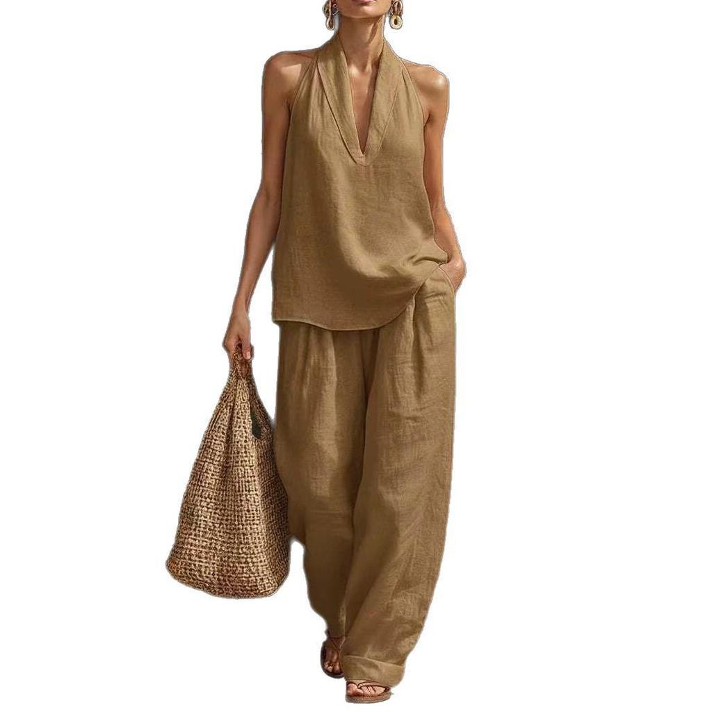 In Stock Women's Halter V-Neck Sleeveless Casual Fashion Set