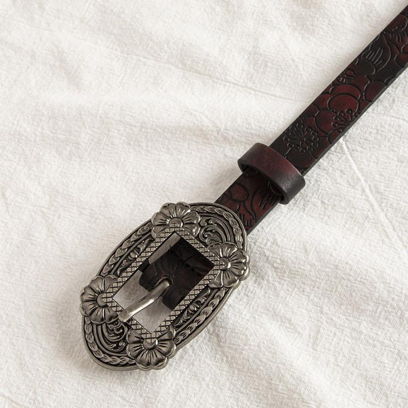 Oldworld Inspired Faux Leather Belt With Engraved Pattern And Pin Buckle For Women