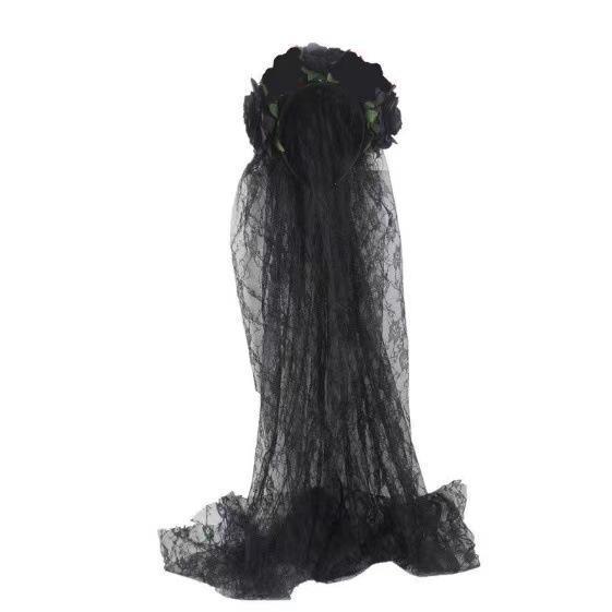 Day of the Dead Rose Flower Mesh Headband - Halloween Party Hair Accessory